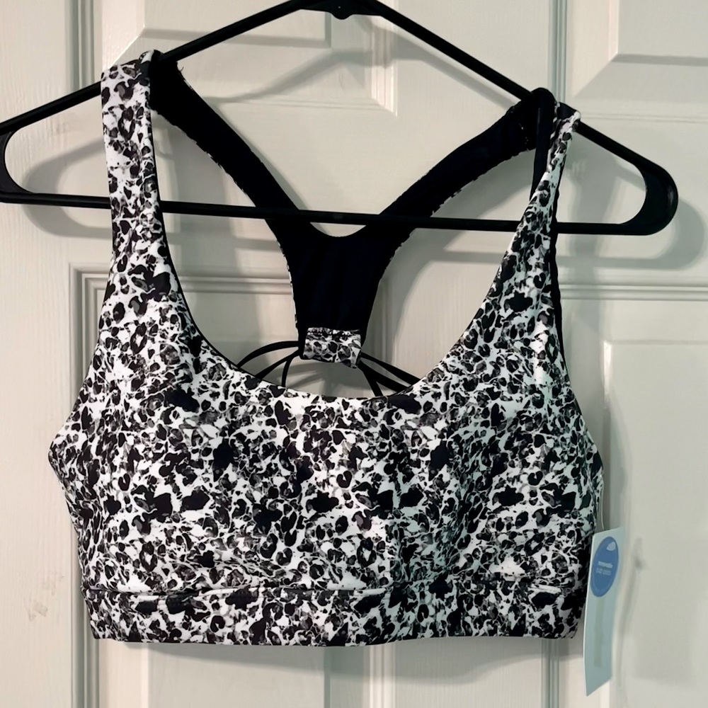 NWT Marika mid-impact sports bra, black and white texture animal, L, racerback